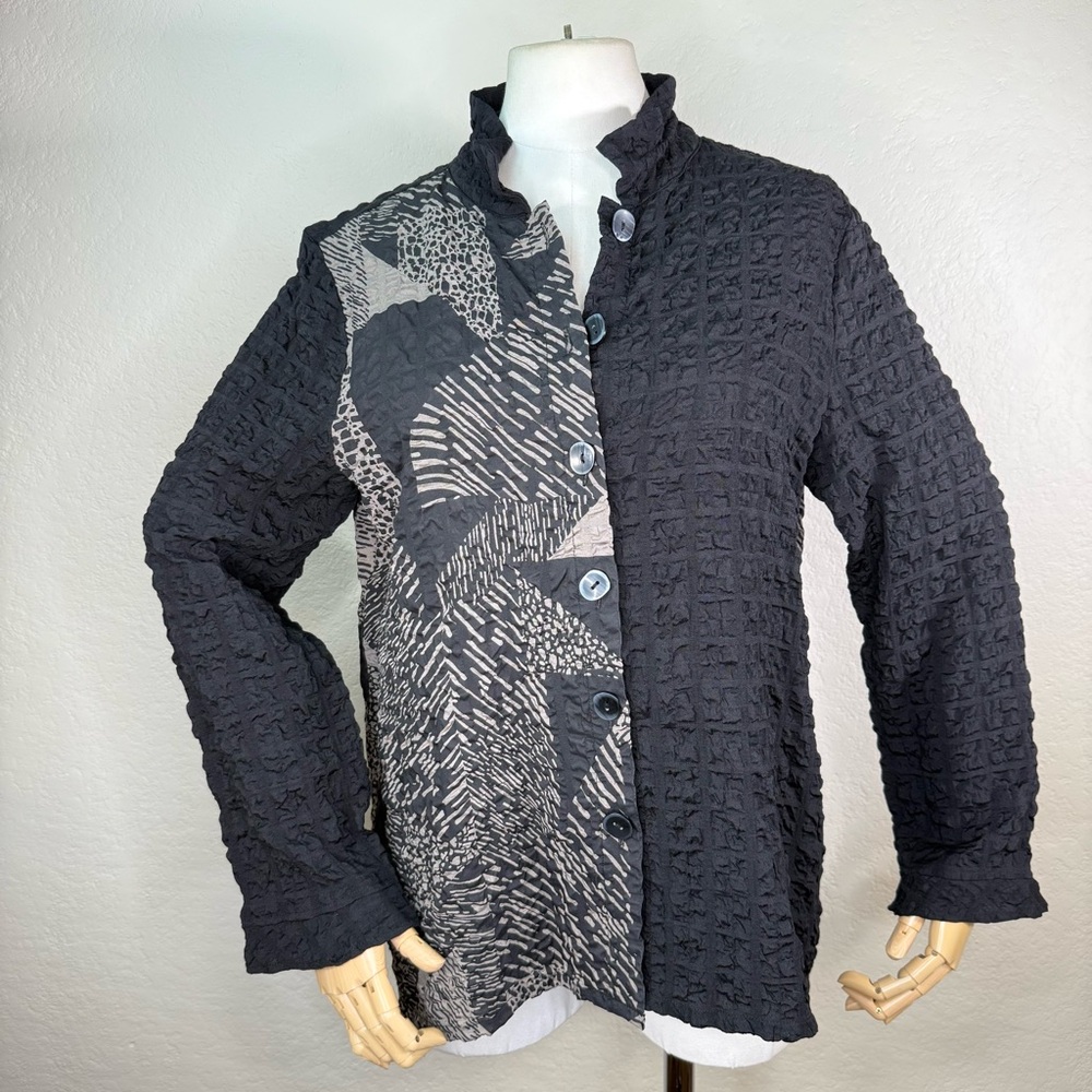 Habitat Tunic Blouse Button Up Textured Artsy Mixed Print Lagenlook Small EUC